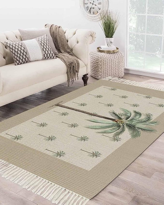 Tropical Palm Tree Large Runner Rug 4X6 Ft Living Room Area Rug, Washable Woven Brown Summer Beach Plant Throw Carpet with Tassel, Non-Shedding Farmhouse Retro Green Botanical Bedroom Office Carpets