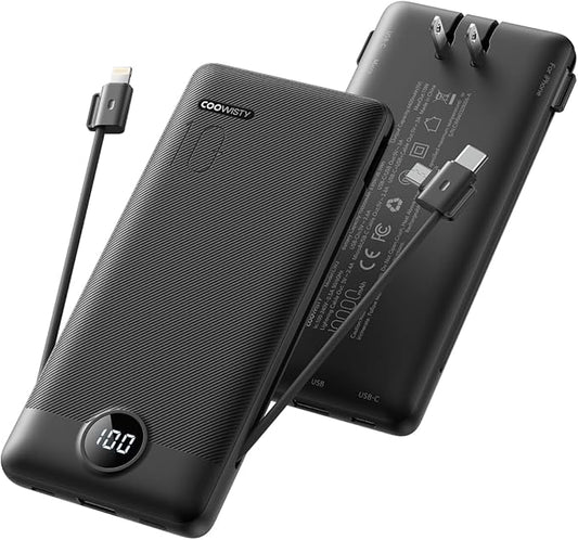 Portable Charger with Wall Plug, Slim USB C Power Bank with Built-in Cables, 10000mah LED Display External Battery Pack Compatible with iPhone/Android & More (Black)