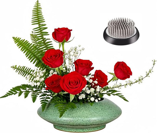Ceramic Flower Pot Flower Arrangement Set Japanese Ikebana Floral Art Supplies Handmade Flower Bowl Decorative Flower Vase for Centerpieces (Small Green)