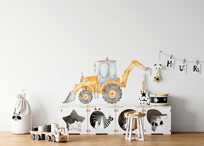 Construction Tractor Backhoe Loader Wall Decal for Boys Room, Construction Eqipment Peel Stick Removable Fabric Wall Sticker, Nursery or Playroom Decor, Repositionable (36 inch: 20" Tall x 36" Wide)