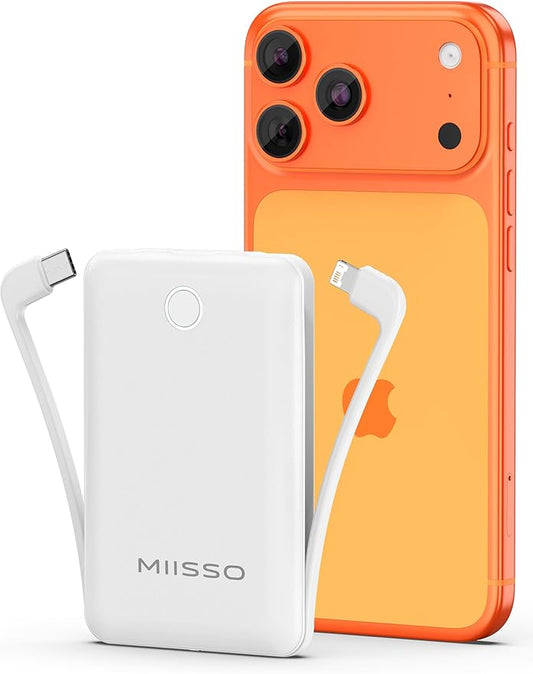 miisso 10000mAh Mini Portable Charger with Built in Cable, Pocket Size Power Bank Travel External Battery Pack for Phone, 3 Output USB Type C Cord Clutch Compatible with iPhone, Samsung, White