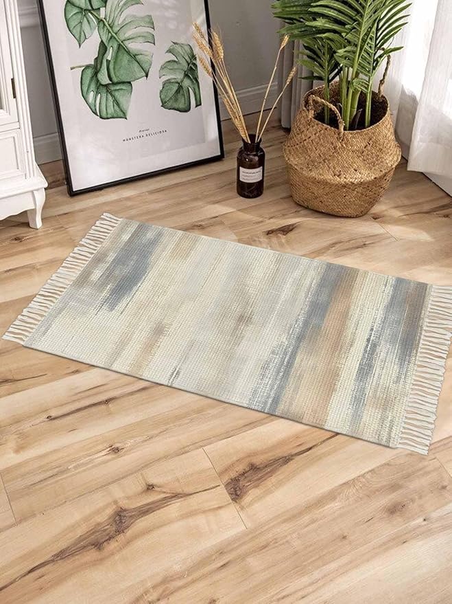 Beige Gray Brown Entryway Rug 2X3 Ft Bathroom Mat, Washable Woven Abstract Ombre Art Throw Carpet with Tassel, Non-Shedding Vintage Minimalist Gradient Aesthetic Indoor Outdoor Kitchen Doormats