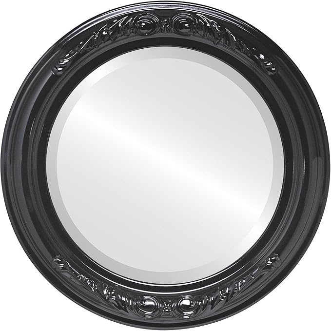 OVALCREST Round Beveled Wall Mirror for Home Decor - Florence Style - Gloss Black - 28x28 Outside Dimensions