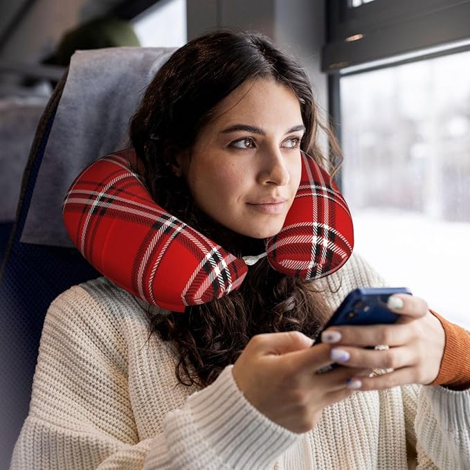 Neck Travel Pillow, Breathable Memory Foam Chin & Head Support Cushion Red Tartan Plaid Pattern for Airplane Car Sleeping Rest