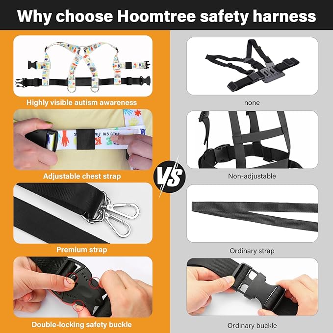 HOOMTREE Safety Walking Harness and Leash for Autism & Special Needs Kids Ages 6-12 with Easy-Adjust Tether + Emergency Grab Handle for Wandering Prevention & Calm Outdoor Adventures