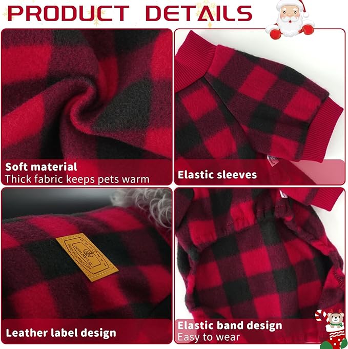XPUDAC Dog Christmas Pajamas Plaid Doggie Clothes for Small Medium Dogs Girl Boy Fleece Dog Sweater for Winter Christmas(Small)