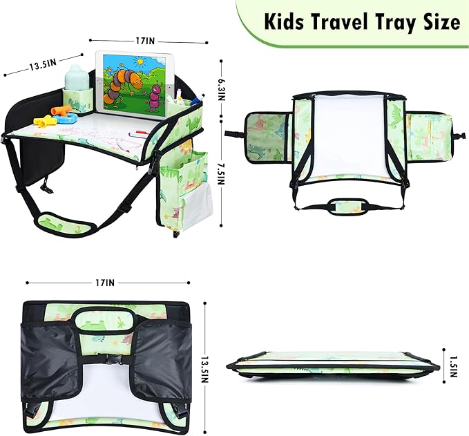 WENRENER 3PCS Kids Travel Tray for Airplane - Toddler Car Seat Table Tray, Road Trip Essentials for Boys & Girls, Carseat Lap Desk for Kids Road Trip Activities (Pink/Green-/Purple)