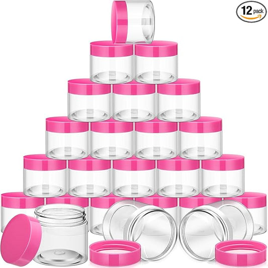 SATINIOR 12 Pack 1 oz Plastic Container Jars with Lids Round Clear Travel Cosmetic Container Slime Jars for Toiletries, Lotion, Cream, Ointments, Makeup, Rhinestone, Samples, Kitchen Storage(Pink)