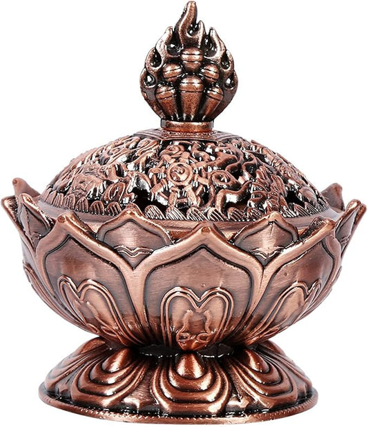 Lotus Incense Holder Lotus Flower Shaped 9 Holes Mini Vintage Incense Cover for Stick and Cone Incense ((Red Bronze))