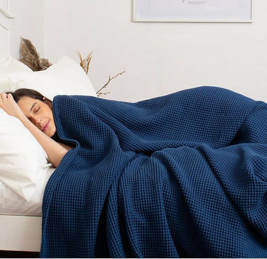 Best Organic Cotton Waffle Blankets King Size (104" x 90") - All-Natural, Toxic-Free, Lightweight, Breathable,Soft, Luxurious, for All Seasons(Blue)