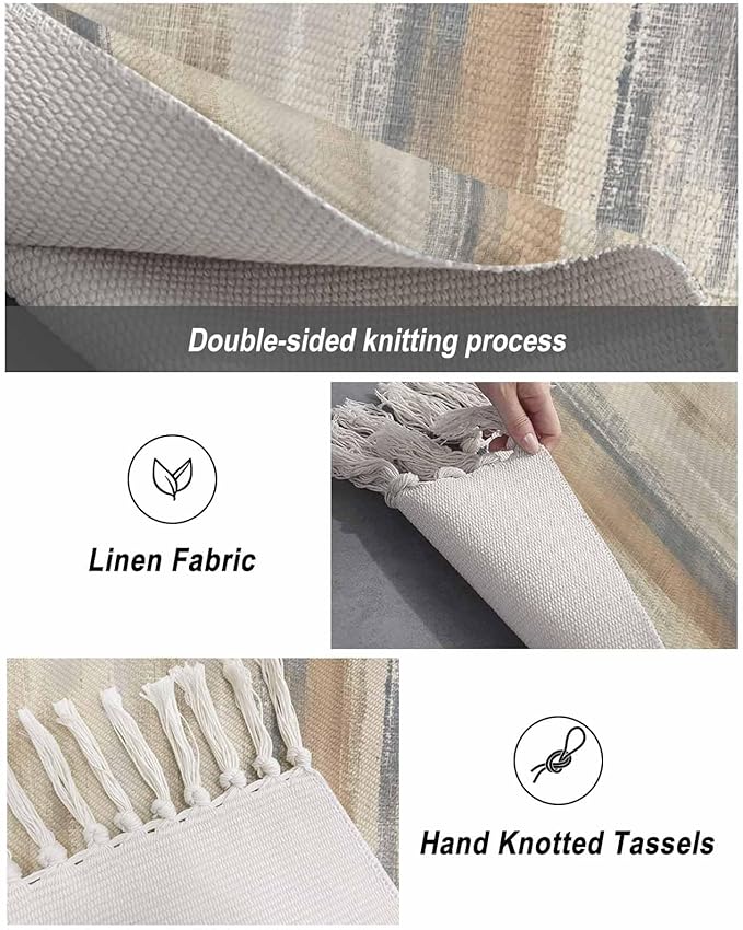 Beige Gray Brown Runner Rug 3X5 Ft Bedroom Area Rug, Washable Woven Abstract Ombre Art Throw Carpet with Tassel, Non-Shedding Vintage Minimalist Gradient Aesthetic Dining Room Living Room Carpets