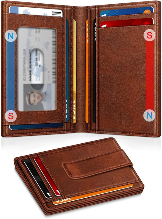 Wallet for Men 14-16 Cards, Minimalist Men Leather Wallet, Men's Front Pocket Bifold Wallets with Money Clip, Slim Thin Card Holder RFID Blocking Bill Folder Magnetic Closure Men Gifts, Reddish Brown