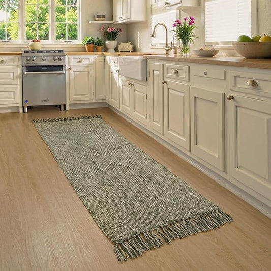 Collive 2x6 Hallway Runner Rug, Hand-Woven Washable Reversible Entryway Runner Rug, Natural/Green Cotton Farmhouse Laundry Room Rug Modern Long Carpet for Bedroom Bathroom Sink Foyer
