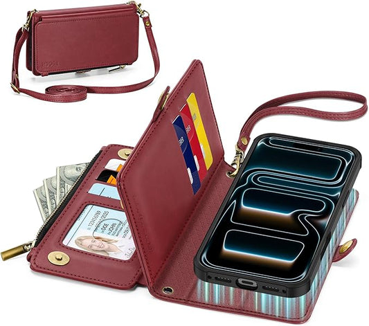 TUCCH Detachable Crossbody Case Wallet for iPhone 17 Pro 6.3", Wireless Charging | RFID Blocking 9 Card Holders | Lanyard | Wrist Strap | Stand | Zipper Pocket | PU Leather | Magnetic Cover | Dark Red