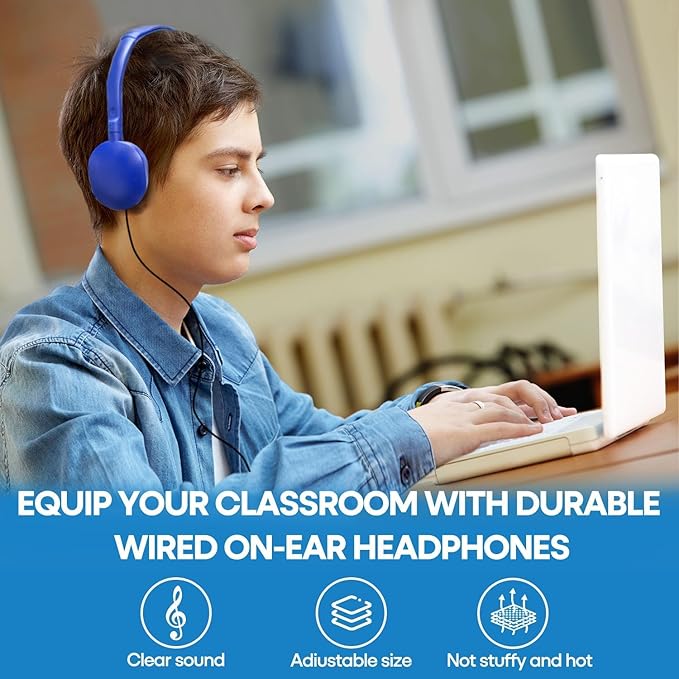 Bulk Headphones 100 Pack for Kids School Classroom, Wholesale Wired Durable Headphones Class Set for Students Children Toddler Boys Girls Teens and Adult (HY104, 100 Blue)