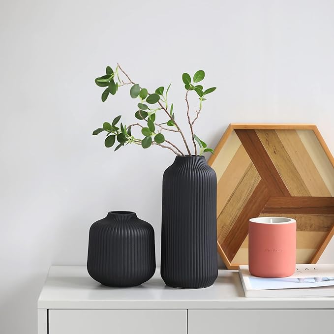Ceramic Vases in Nordic Style, Modern Vase Deco for Pampas Grass, Boho Deco for Windowsill, Vases Set in Black Matt, Flower Vase as Home Decoration for Fresh Flowers, Dried Flowers, Set of 2