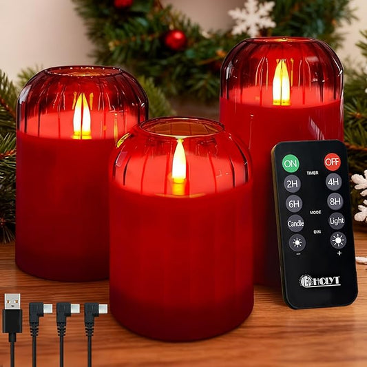 Rechargeable Flameless Candle, Flashing LED Pillar Real Wax Candle with Remote Control and Timer, Red Glass Electronic Candles for Room Decoration, 1 Set of 3