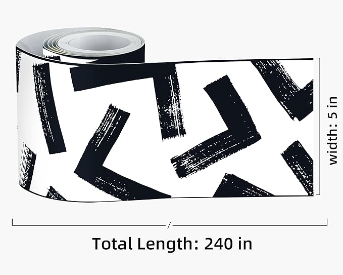FLFK Black and White Design Wallpaper Border - Peel and Stick Wall Paper, Self Adhesive Removable PVC Borders Sticker, Modern Waterproof Trim for Home Decor, 5" x 240"