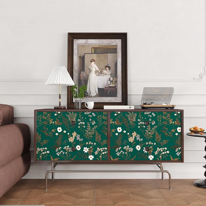 Dark Floral Wallpaper Peel and Stick 17.5in x 118in Vintage Green Gold Leaf Wallpaper Vinyl Waterproof Self-Adhesive Boho Botanical Wall Paper Mural for Cabinet Bookcase Bedroom Decor