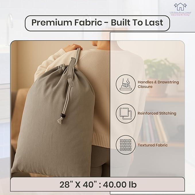 LFH Home Cotton Canvas Large Laundry Bag with Handle, Heavy Duty Drawstring Closure Washable Laundry Bags, School Travel, Home, Hotel, College Dorm, Organizer Sack, Toys Clothes 28x40 (Pack of 4)-Grey