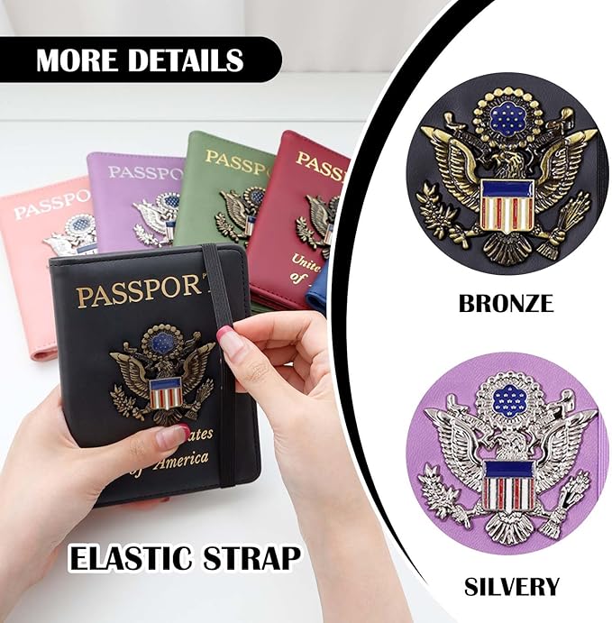 Cnycmy Passport Holder for Travel, Pu Leather Travel Wallet, RFID Blocking, Metal United States Coat of Arms, Waterproof cover for Family (Black)