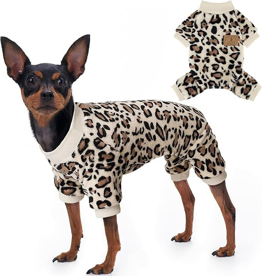 XPUDAC Fleece Dog Pajamas Leopard Dog Sweaters Winter Puppy Clothes for Small Medium Dogs Boy Girl Pet Jumpsuits Doggie Outfits for Christmas, S