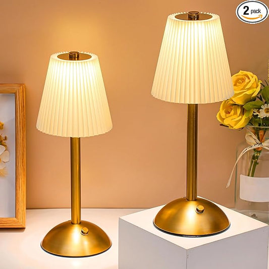 Liliful 2 Pcs Cordless Table Lamp Rechargeable Touch LED Small Gold Portable Battery Operated USB-c Desk Lamp 3 Color Dimmable for Bedroom Living Room Dining (Gold,Beige Cloth Style)