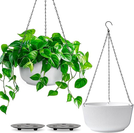 T4U Hanging Planter Self Watering 8 Inch, 2 Pack White Indoor Hanging Plant pots, Hanging Flower Pot with Drainage Hole & Plug & Chain with 3 Hooks for Garden Home Decor