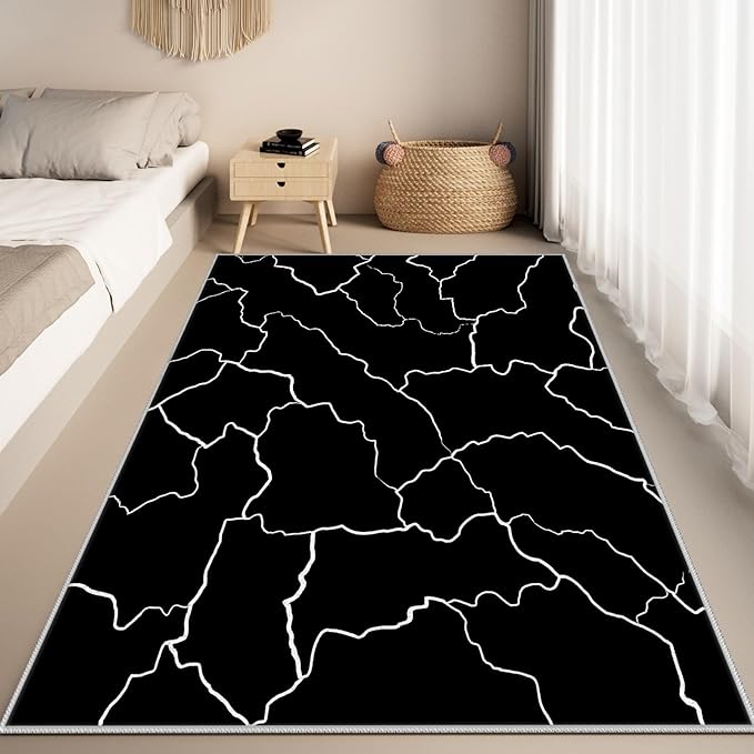 Abstract Rugs for Living Room - Modern Washable Area Rug, 5x8 Abstract Black and White Rug, Minimalist Rugs,Carpet Non Slip Home Decor