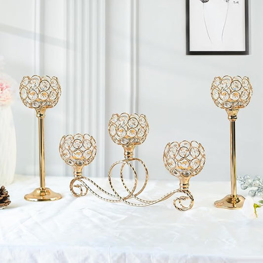 Gold 5 Arm Metal Crystal Tea Light Candle Holder, Elegant Wedding Table Centerpiece, Christmas Wishing Bowl Candle Holder