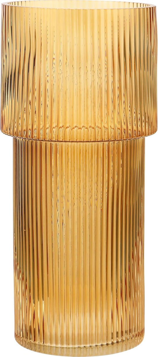 Large Glass Vase, 12 Inches Tall Vase for Flowers, Amber Flower Vases for Bouquet, Modern Amber Glass Vases for Living Room, Dining Table, Office, Entryway, Mantle, Shelf, Wedding Gifts