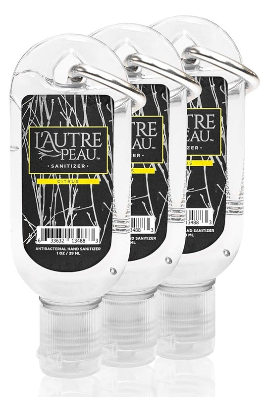 Travel Hand Sanitizer Gel with Aloe Vera & Vitamin E Made by L’AUTRE PEAU - Citrus Scented Alcohol Based Liquid Instant Hand Cleaner Pocket Sanitizer with Carabiner Clip (1oz 3 Pack)