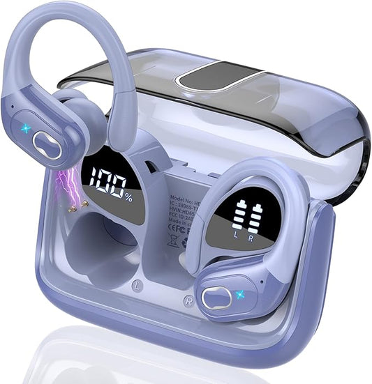 Wireless Earbuds 75hrs Bluetooth 5.4 Headphone Sport, 2026 Bluetooth Earbuds HiFi Stereo Over Ear Bud with Earhooks, ENC Noise Cancelling Mic, IPX7 Waterproof Earphone for Gym, Purple Blue