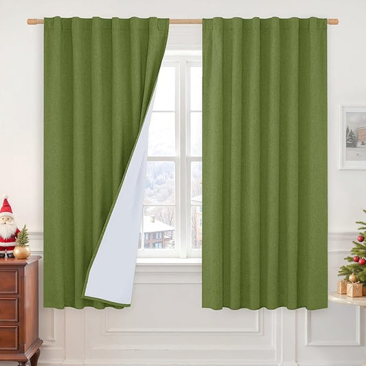 LAMIT 100% Blackout Olive Green Linen Curtains, 63 Inches Linen Textured Thermal Bedroom Drapes Back Tab and Rod Pocket Christmas Panels with White Liner for Living Room, 2 Panels, 52 x 63 Inch