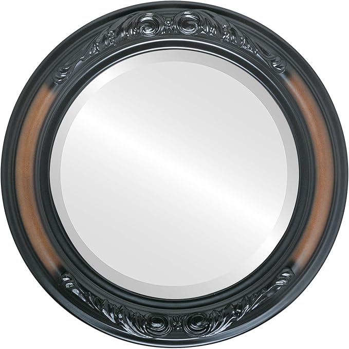OVALCREST Round Beveled Wall Mirror for Home Decor - Florence Style - Walnut - 34x34 Outside Dimensions