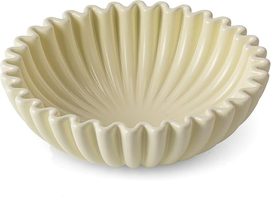 Large Decorative Bowl, Beige Ceramic Fruit Bowl for Kitchen Counter, Key Bowls for Entryway Table, Modern Coffee Table Home Decor, Scalloped Handmade Artwork