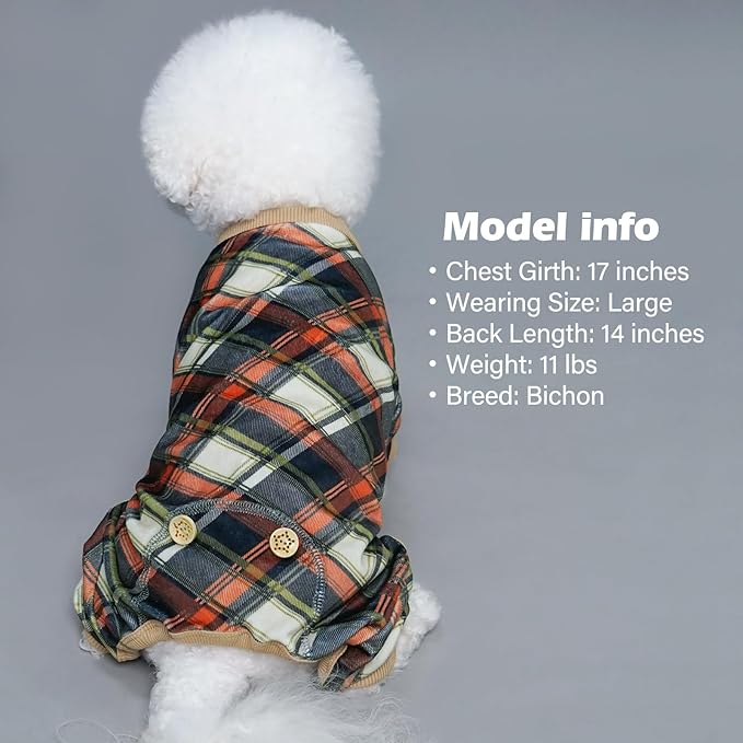 KYEESE Dog Pajamas Soft Coat Velvet Doggie Jammies Lightweight Pjs Comfy Pet Clothes Plaid Dog Pajamas for Small Dogs Boy Girl Stretchy Onesie, Khaki, Small