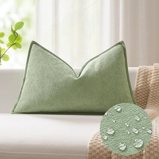 Kevin Textile 14x20 Inch Lumbar Pillow Cover 1 Pack Soft Boucle Textured Decorative Waterproof Rectangle Cushion Elegant Accent Pillow for Couch Sofa Chair Bed Home Decor Indoor Outdoor Sage Green