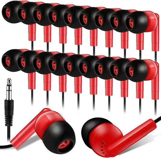 Kanayu 100 Pack Wired Earbuds Bulk for Classroom Ear Headphones Wired Basic Student Earbuds No Microphone with 3.5MM Jack for Class Laptop School Library, Individually Bagged (Red)