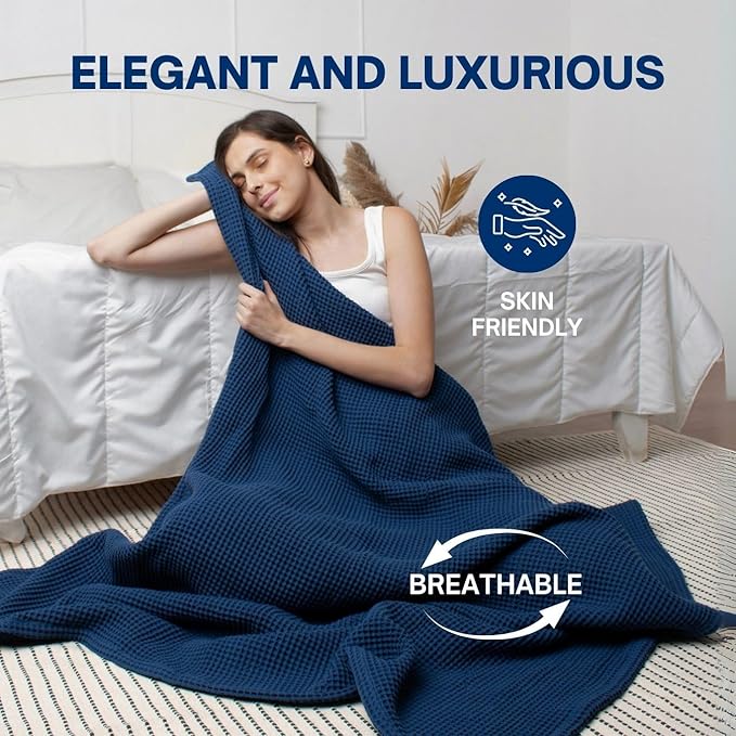 100% Cotton Waffle Blankets for Bed - Queen (90" x 90") Lightweight, Breathable and Soft, Waffle Weave Blanket for All-Season - Summer, Spring, Winter (Blue)
