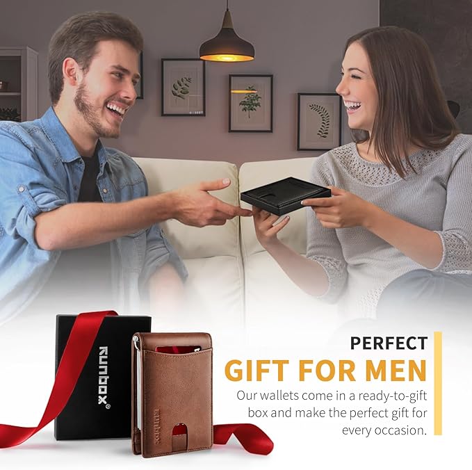 RUNBOX Slim Wallet for Men Genuine Leather RFID Blocking Bifold Minimalist Front Pocket Mens Wallet with Money Clip Thin Gift Box