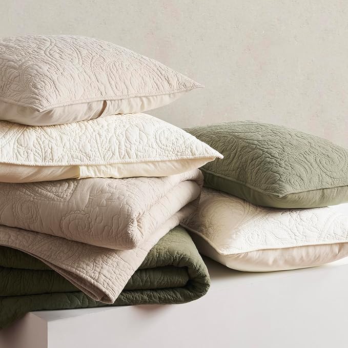 EVERGRACE 100% Cotton Paisley Quilt Set, Queen Size 3 Piece Set – Prewashed Lightweight Bedspread with 2 Shams, Soft & Breathable Matelasse Coverlet for All-Season Comfort, Flax Beige