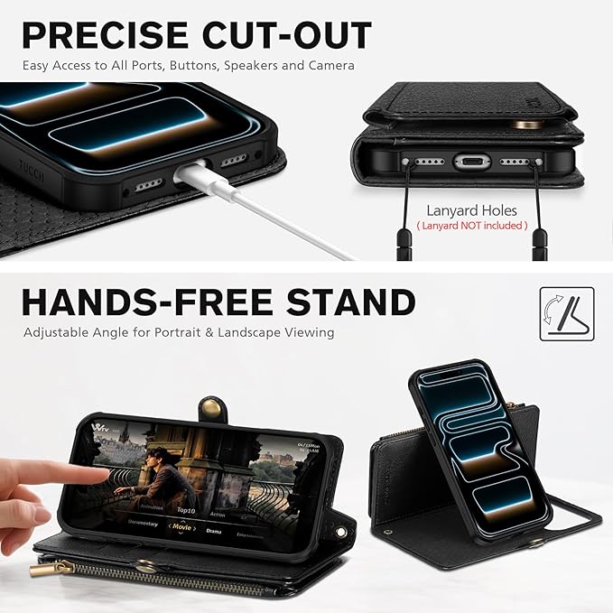 TUCCH Removable Crossbody Case Wallet for iPhone 17 Pro 2025, 9 Card Slot RFID Blocking, Stand, Lanyard, Wrist Strap, Wireless Charging, Zipper Pocket, PU Leather, Magnetic Flip Cover, Textured Black
