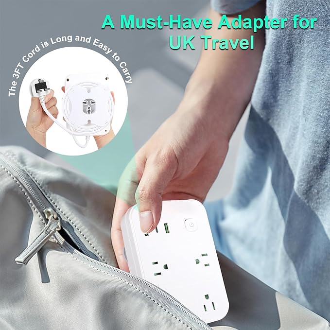 UK Adapters for Travel, UK Power Strip with 4 AC Outlets 1 USB C and 2 USB Ports, UK to US Plug Adapter Type G, UK Outlet Adapter for UK Ireland England Scotland Hong Kong Travel (3ft)
