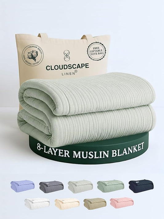Cloud Scape Linen 8-Layer Muslin Blanket King Size for Adult - 100% Cotton, Breathable and Soft, Perfect Winter Cozy Blanket, Fits up to California King Bed, 92x108, Seafoam