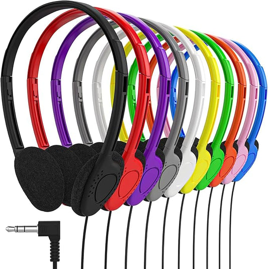 Maeline Bulk Classroom Student Headphones On Ear Stereo Headphones Flexible Adjustable Band for Kids Online Learning, Library, School, Airplane, Travel - 3.5mm Plug - 40 Pack - Multi
