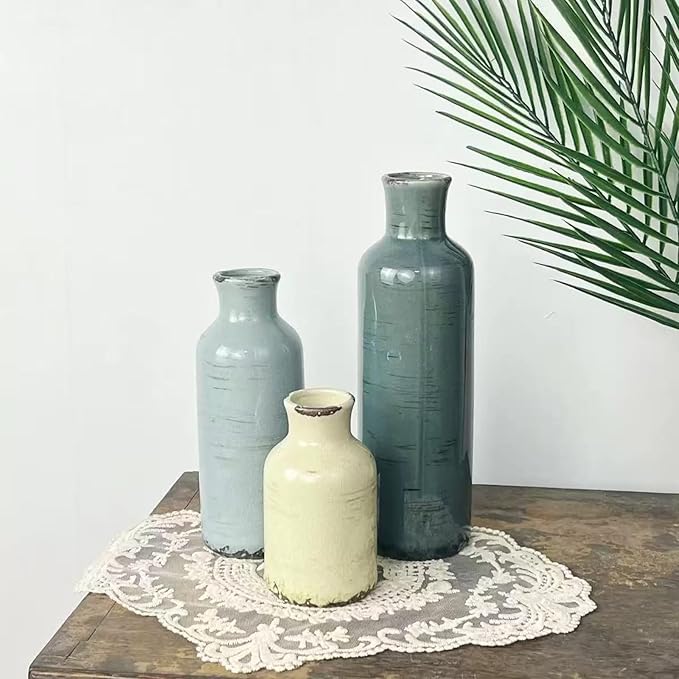 Small Ceramic Vase Set of 3,Small Flower Vase for Home Decor,Rustic Farmhouse Vases for Living Room,Table Shelf,Centerpieces,Fireplace and Entrance,Decorative Vases for Flowers Three Colors