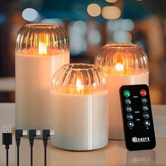 Rechargeable Jar Flameless Candle, Flashing LED Pillar Real Wax Candle with Remote Control and Timer, White Pumpkin Glass Electronic Candles for Room Decoration, 1 Set of 3