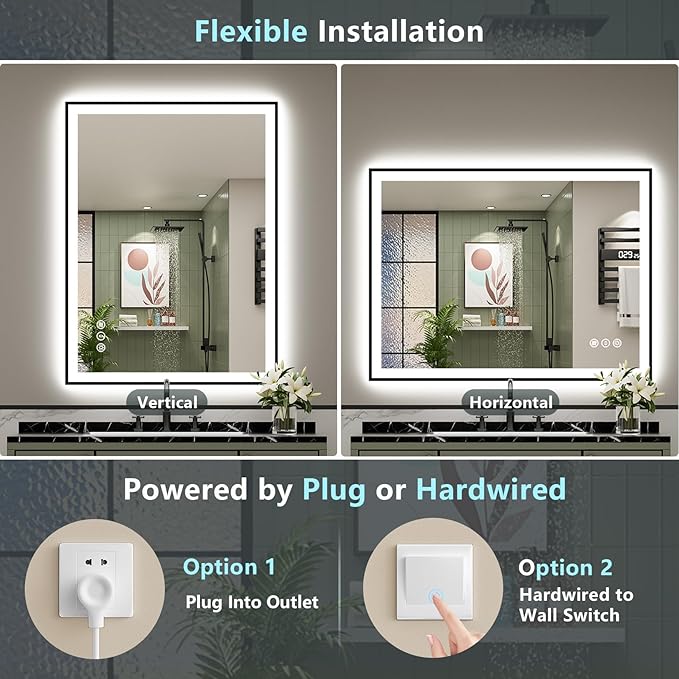 44x32 Black Framed LED Bathroom Mirror with Lights, Backlit & Front Lit, Anti-Fog Lighted Vanity Mirror for Bathroom Wall, 3 Colors, Dimmable, Memory, HD Tempered Glass, Horizontal/Vertical