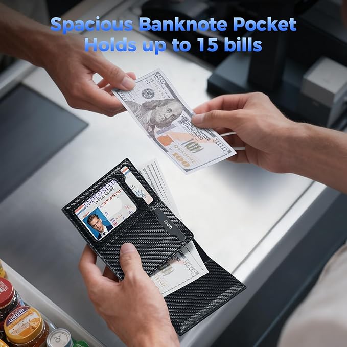 Mrain Mens Slim Minimalist Wallet Card Holder with Coin Pocket, Cash Slot, Magnetic Closure, Pop Up Aluminum Case, ID Window, Leather Wallet, RFID Blocking, 9-13 Card Capacity (Carbon Black)